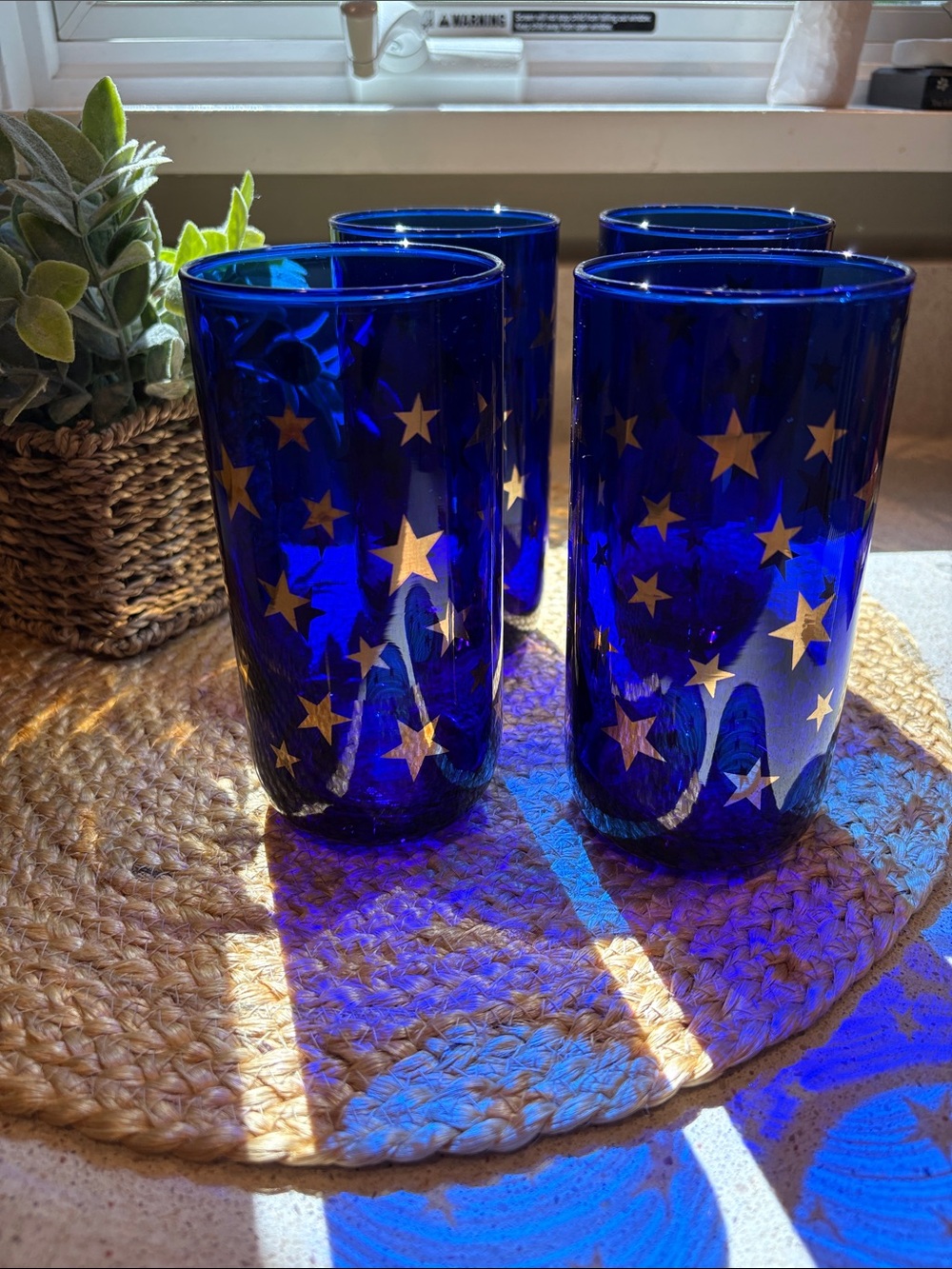 (4) Vintage Cobalt Blue Gold Stars Celestial Libbey Tumblers